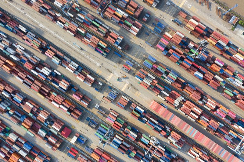 Containers are seen at a port in Ningbo, Zhejiang