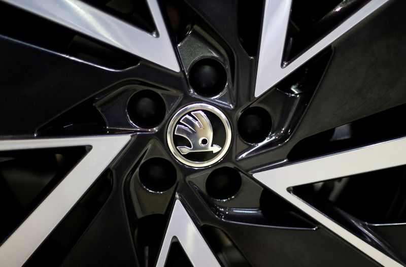 A logo is seen on a wheel of a Skoda