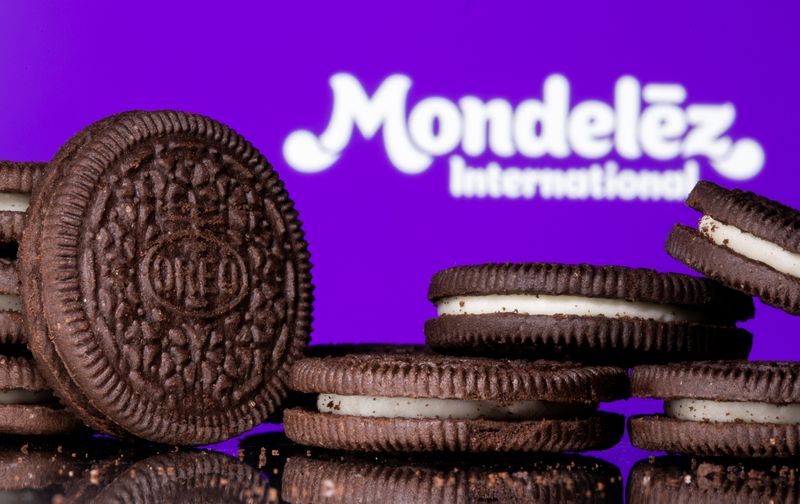Oreo biscuits are seen displayed displayed in front of Mondelez