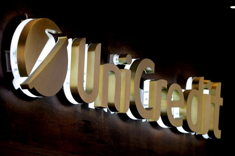 FILE PHOTO: The UniCredit bank logo in the old city