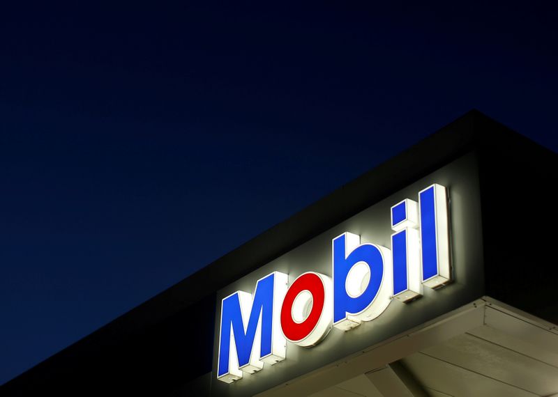 The logo of Exxon Mobil is seen in Encinitas, California