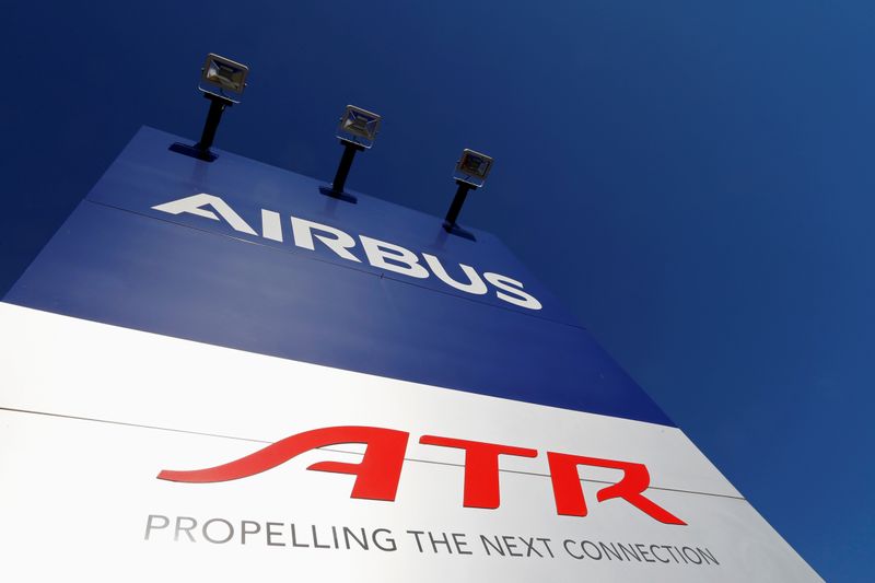The logos of Airbus and aircraft manufacturer ATR are seen