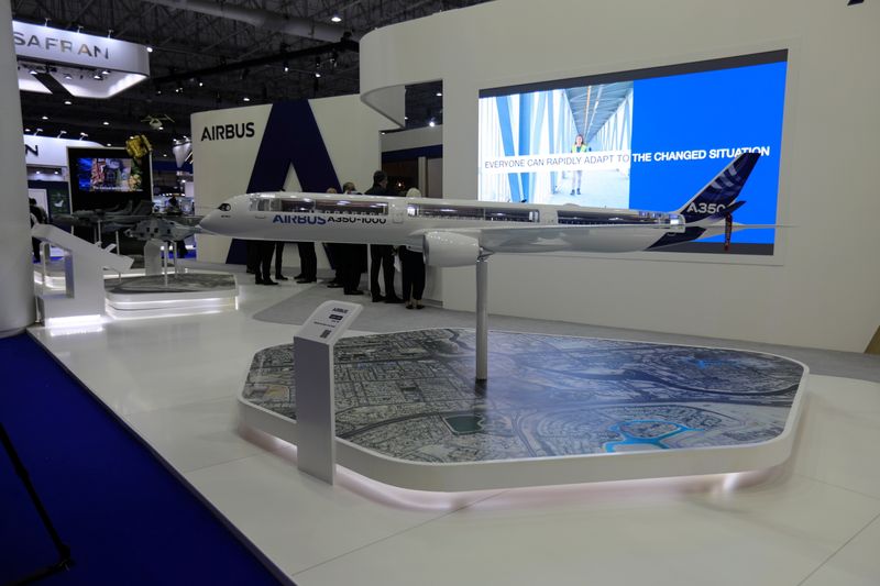 An Airbus A350 model is displayed at the Airbus pavilion