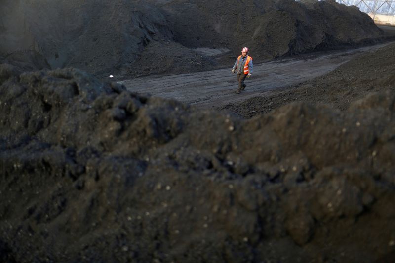 FILE PHOTO: Worker walks past coal piles at a coal