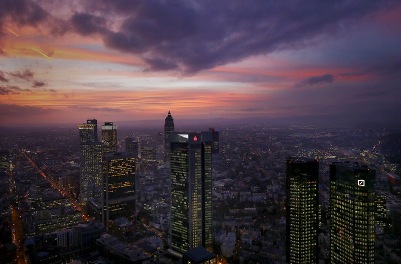 The skyline is photographed early evening in Frankfurt