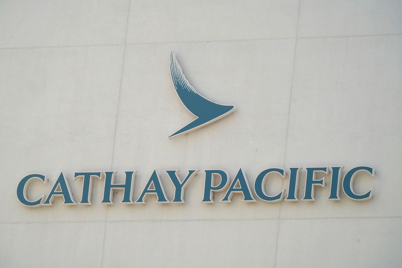 Sign of Cathay Pacific is seen at its  headquarters