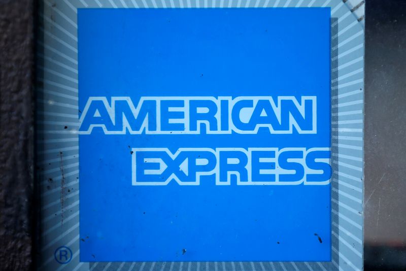 The logo of American Express (AXP) is seen in Los