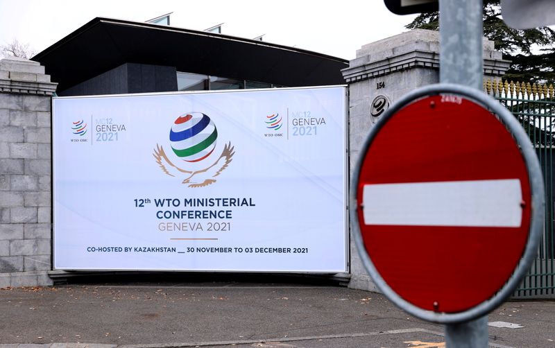 FILE PHOTO: A sign of the 12th Ministerial Conference (MC12)