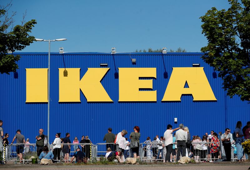 FILE PHOTO: People queue at Ikea as it re-opens, following