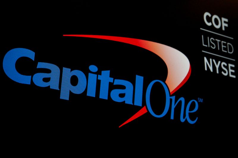FILE PHOTO: The logo and ticker for Capital One are