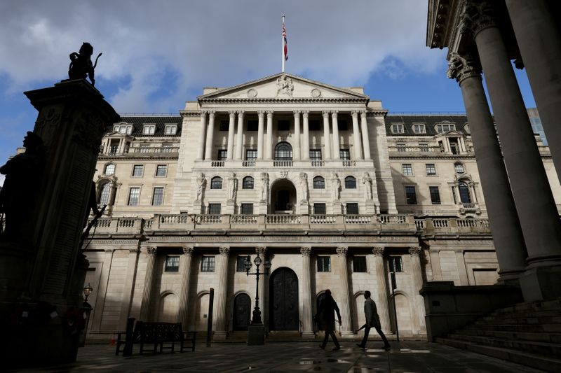 FILE PHOTO: People walk past the Bank of England, in