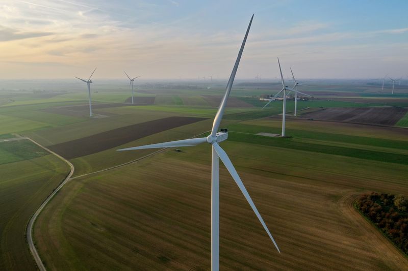 FILE PHOTO: An aerial view shows power-generating windmill turbines in