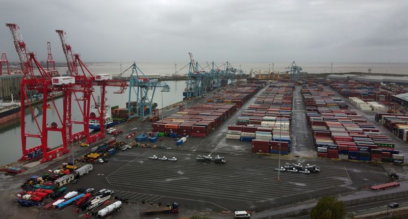 General view of stacked shipping containers at Peel Ports Liverpool