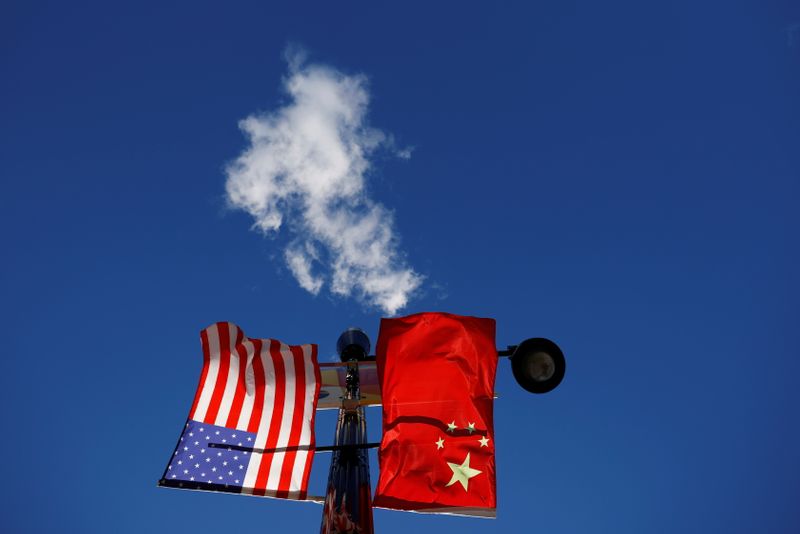 The flags of the United States and China fly in
