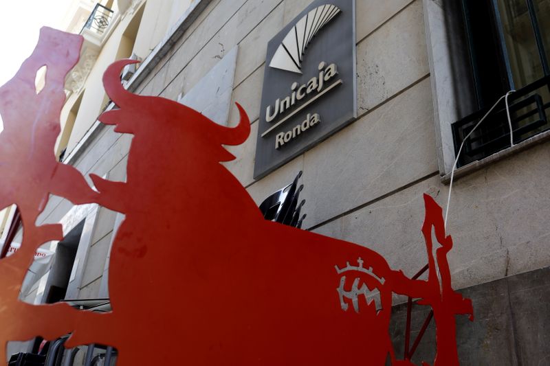 FILE PHOTO: The logo of Unicaja bank on the facade
