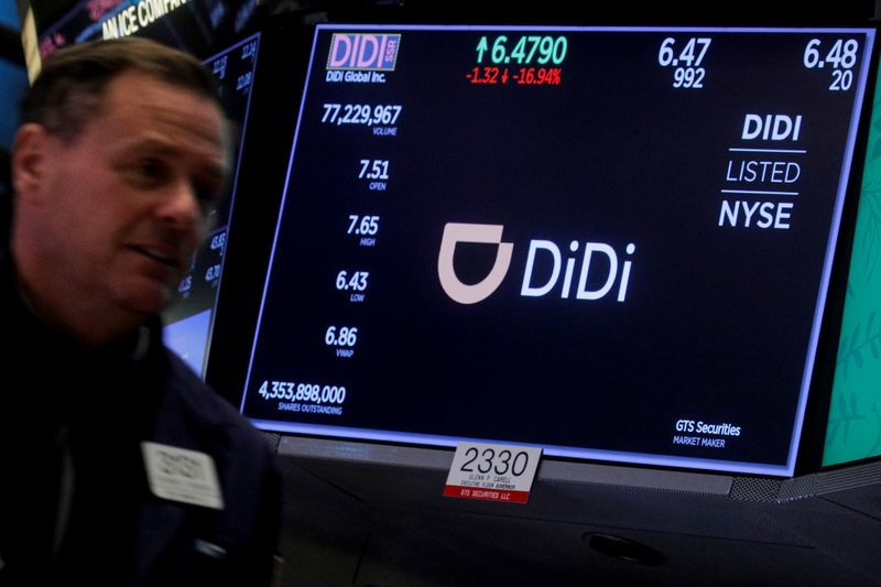 A screen displays trading information for ride-hailing giant Didi Global