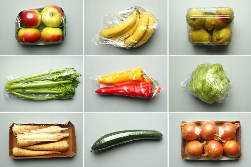 A combination of illustrations shows apples, bananas, pears, celery, peppers,