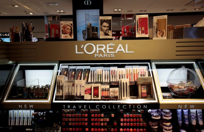 A cosmetic display of French cosmetics group L’Oreal is seen