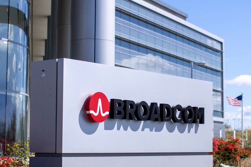 FILE PHOTO: The Broadcom company logo is shown outside one