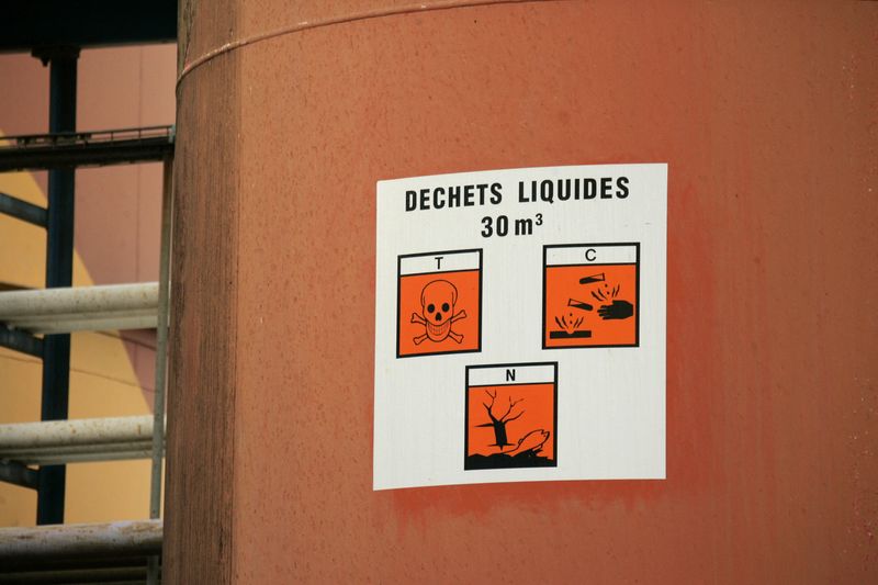 FILE PHOTO: Warning signs are seen on a tank at