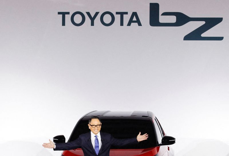 Toyota CEO Akio Toyoda holds a briefing on battery EV