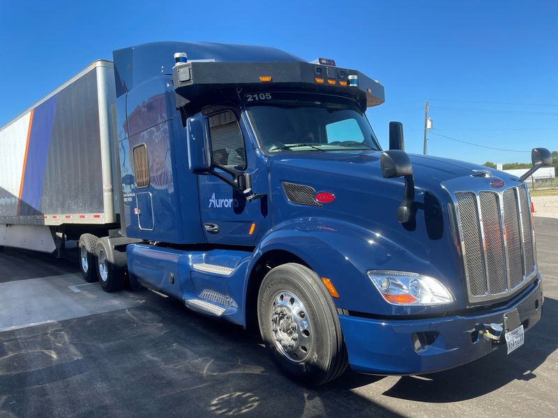 A Peterbilt 579 truck equipped with Aurora’s self-driving system is