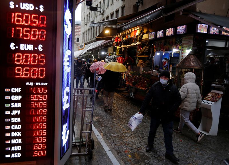 People walk past a board showing the currency exchange rates