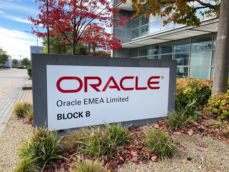 Logo of cloud service provider Oracle is seen at the