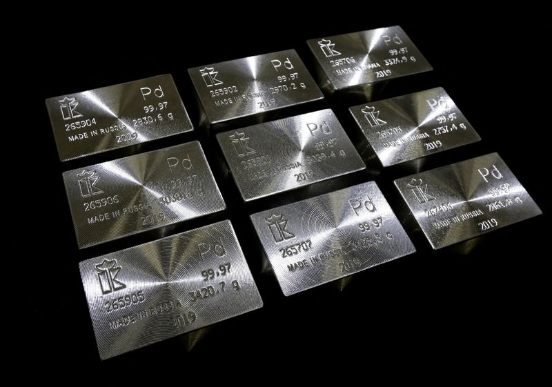Ingots of 99.97 percent pure palladium are stored at a