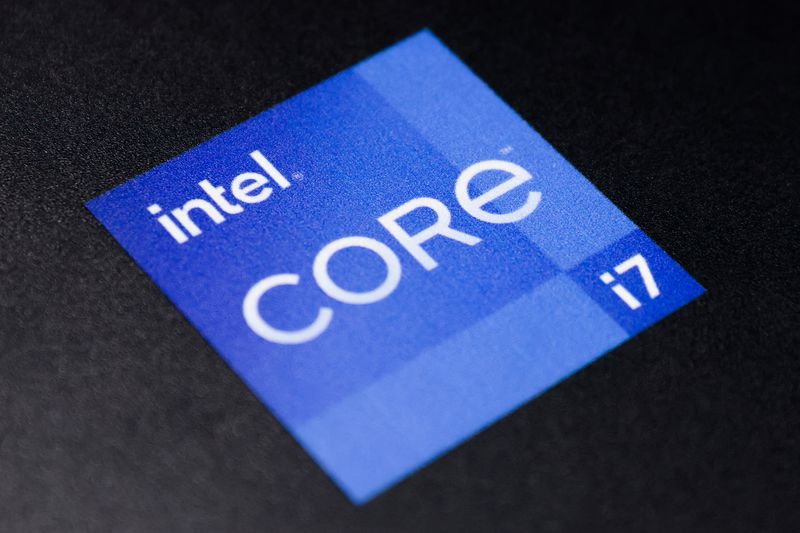 The Intel Corporation logo is seen on a display in