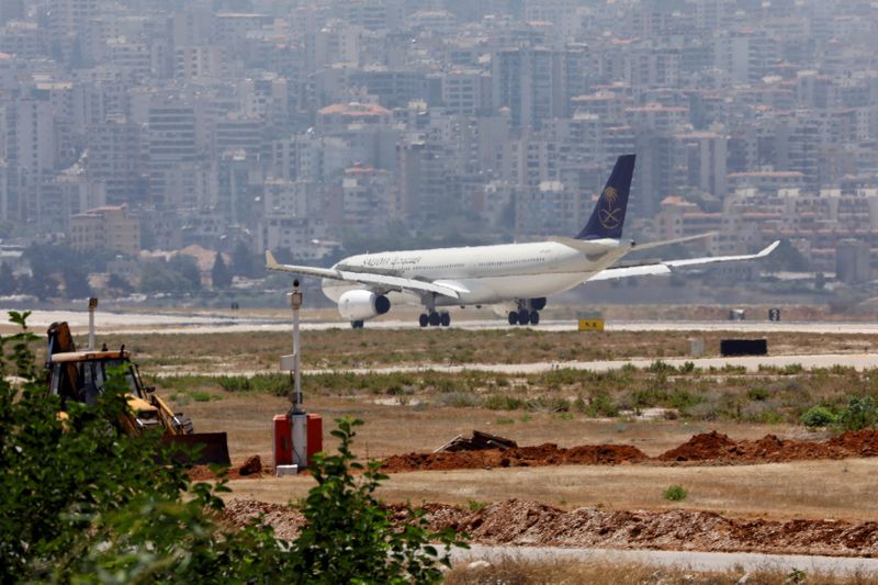 A Saudia plane lands at Rafik al-Hariri airport in Beirut