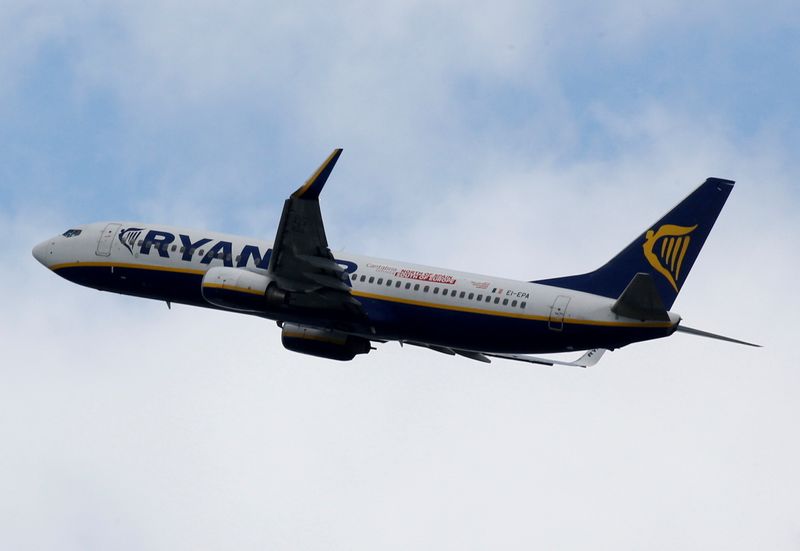 FILE PHOTO: A Ryanair commercial passenger jet takes off in