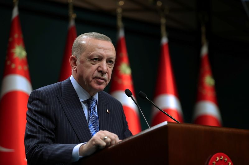 Turkish President Tayyip Erdogan gives a statement after a cabinet