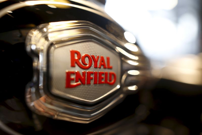 The logo of Royal Enfield is pictured on a bike