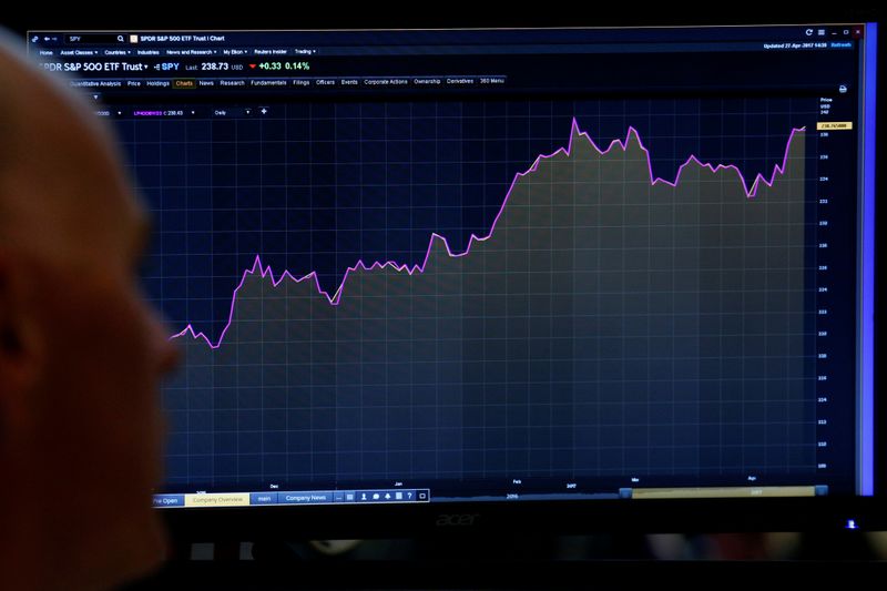 FILE PHOTO: A trader looks at a screen that charts
