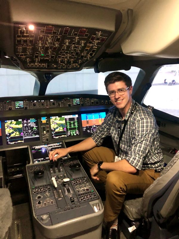 Delta Air Lines pilot Ben Wallander sits in an Airbus