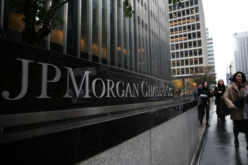 A sign of JP Morgan Chase Bank is seen in