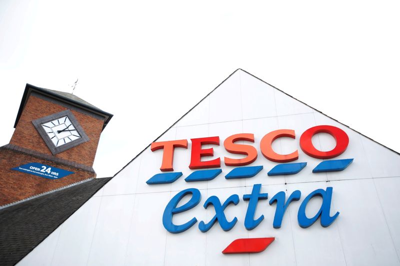 FILE PHOTO: A logo of Tesco is pictured outside a