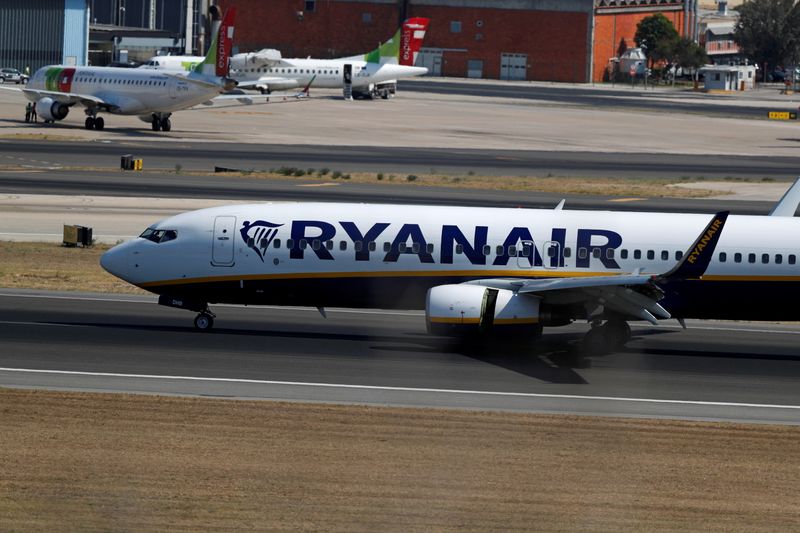 FILE PHOTO: A Ryanair plane taxis at Lisbon’s airport