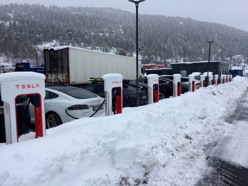 FILE PHOTO: Electric cars are seen at Tesla charging station