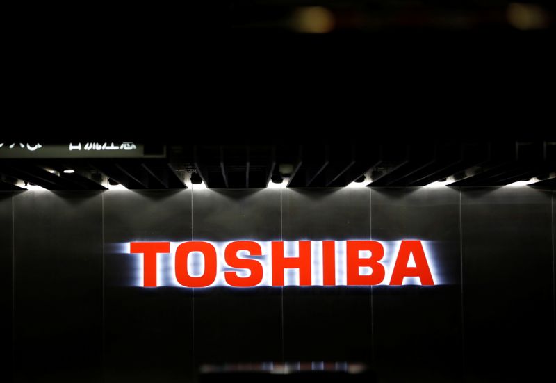The logo of Toshiba Corp. is seen at the company’s