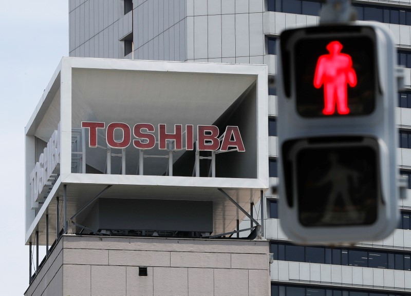 The logo of Toshiba Corp. is seen next to a