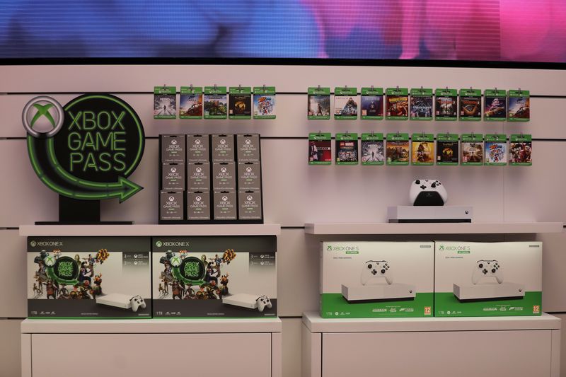 Xbox gaming equipment sits on a display shelf at Microsoft’s
