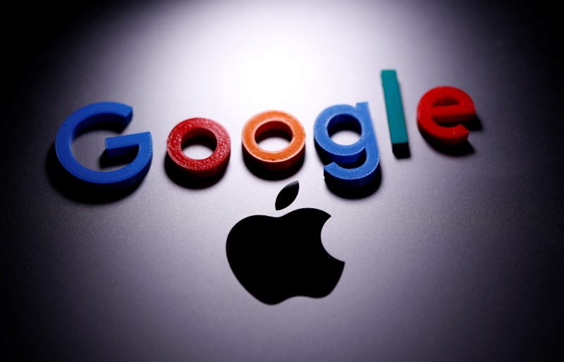 A 3D printed Google logo is placed on the Apple