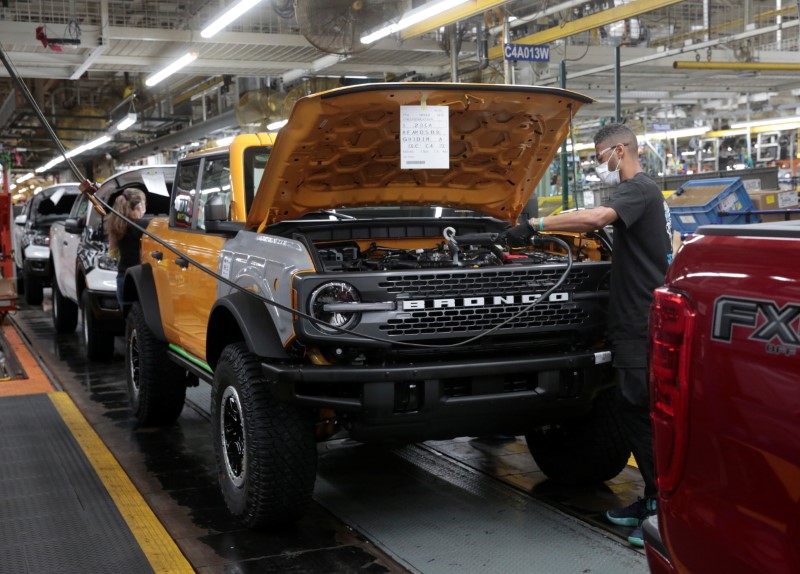 The Ford 2021 Bronco SUV is seen on the assembly