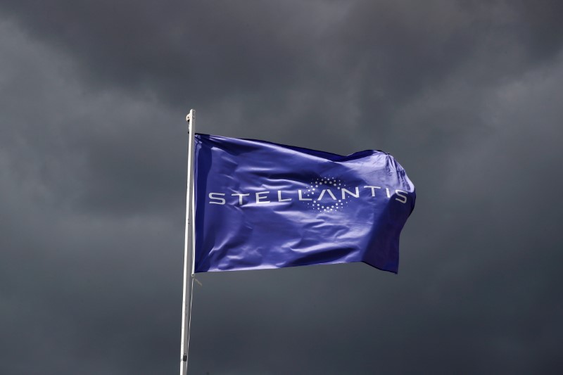 FILE PHOTO: A flag with the logo of Stellantis is