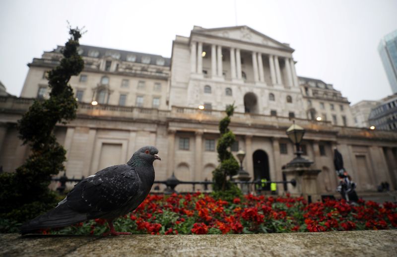 A pigeon stands in front of the Bank of England