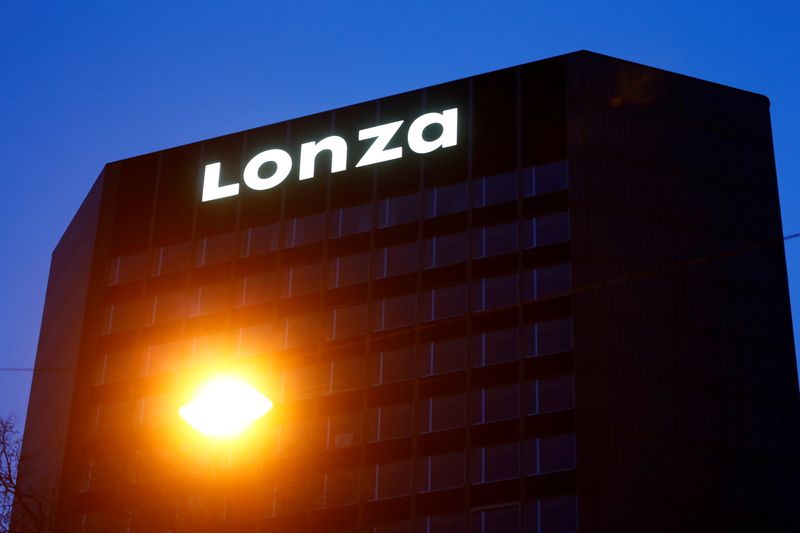 FILE PHOTO: Logo of Swiss pharmaceutical group Lonza is seen