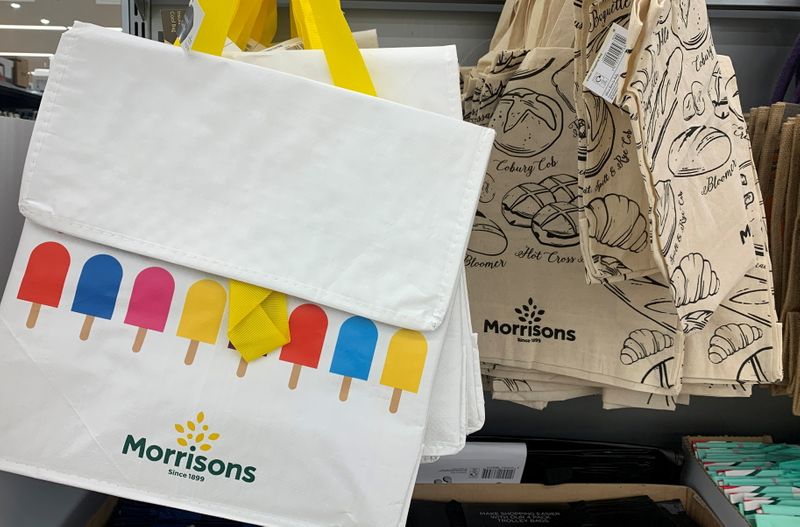 Reusable shopping bags are seen for sale inside a Morrisons