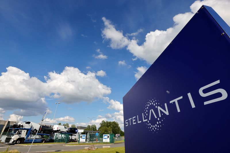 The logo of Stellantis at the entrance of the company’s